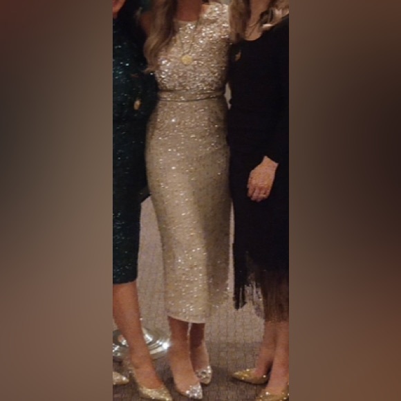 Mac Duggal 10509 Beaded Sequin Banded Sheath Midi Dress Nude Size 4 worn 1 time - Picture 2 of 11